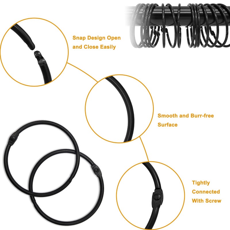 LULARINE Shower Curtain Hooks Rings 24 Pcs Rustproof Metal Shower Hooks for Shower Curtain Glide Smoothly Round Shower Rings for Curtain Shower Curtain Rings for Bathroom Shower Rod Snap Joint Design (Black) - Image 3
